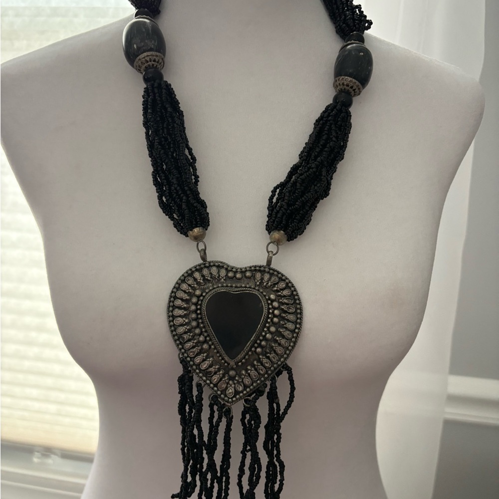 Boho Black Beaded Heart Pendant Necklace